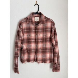 Lucky Brand Pink Brown Plaid‎ Flannel Cropped Frayed Hem Button Down Shirt Small